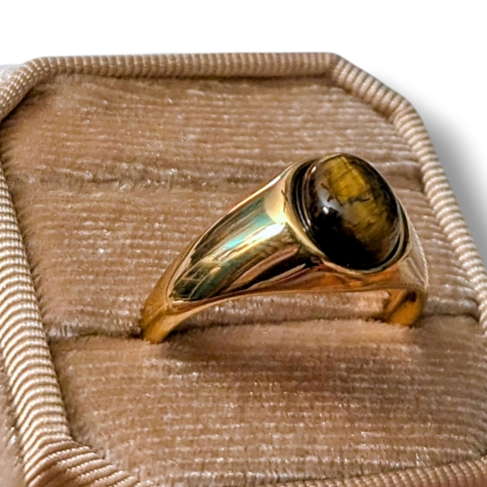 18k Gold Plated Oval Cut Tigers Eye Statement Ring Women's Size  7 & 8 - Picture 2 of 4